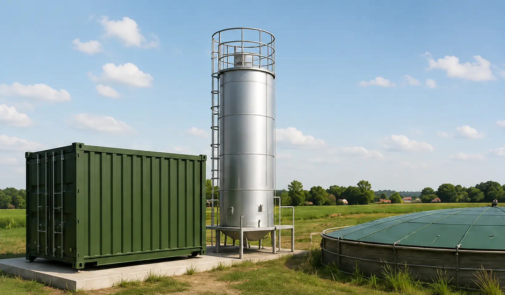 Instalacja mikrobiogazowni z kontenerem technologicznym, zbiornikiem i komorą fermentacyjną